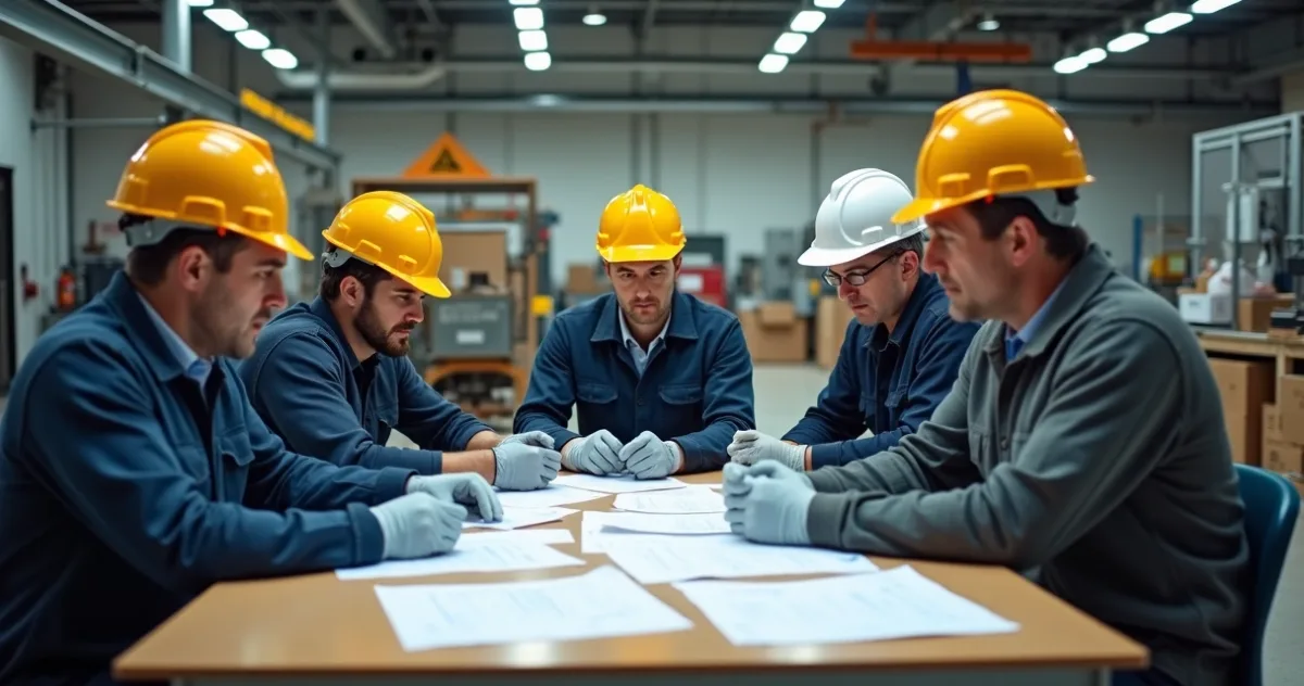 Equipe de trabalhadores em ambiente industrial usando EPIs, analisando documentos de segurança na mesa