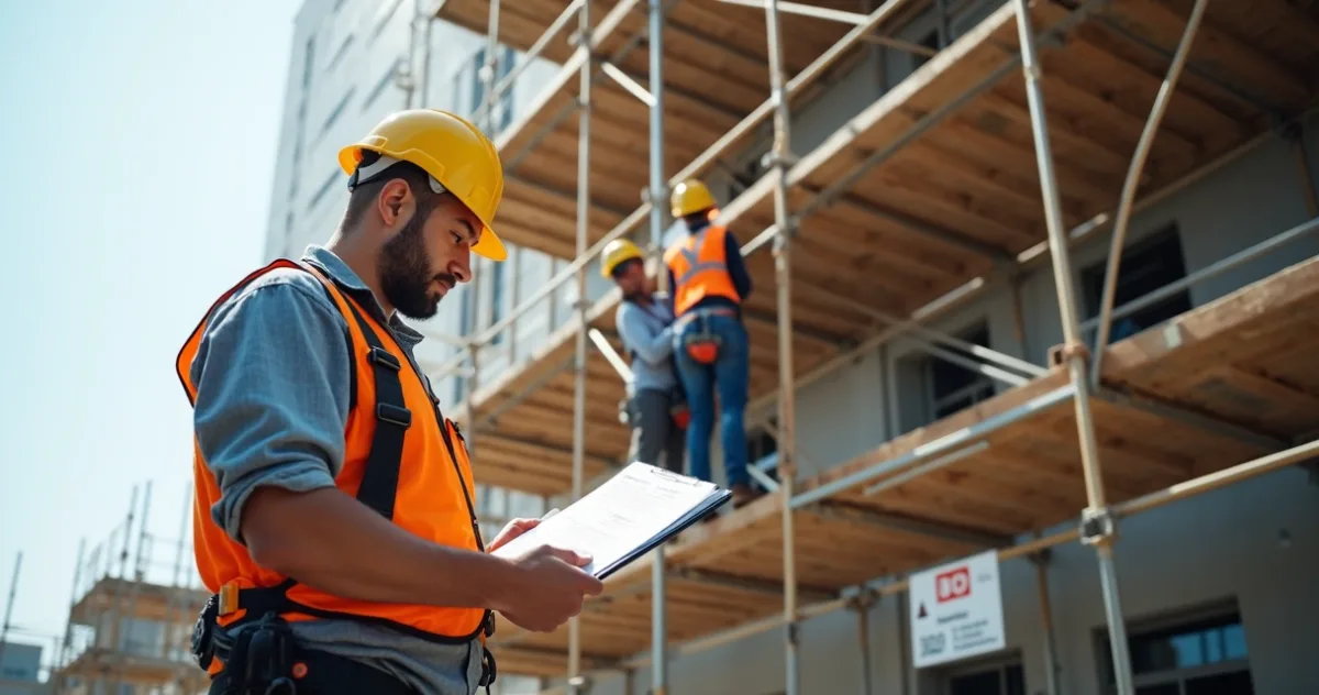 Técnico de segurança do trabalho analisando documentos de NR 35 em local de trabalho em altura