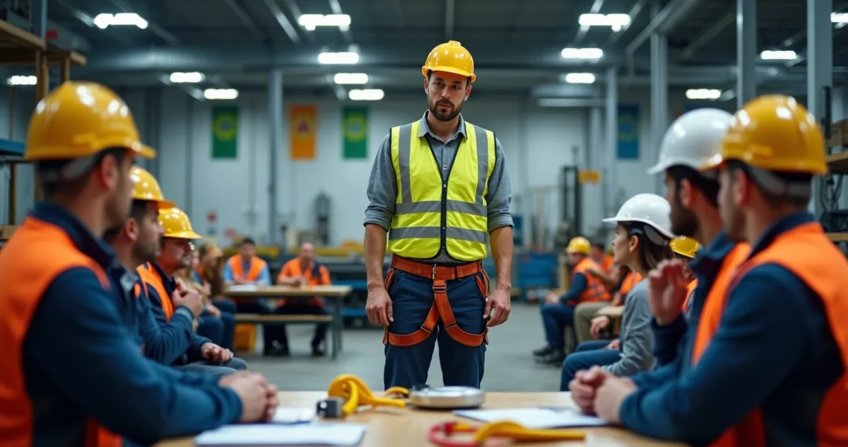 Treinamento de EPIs com técnico demonstrando uso a trabalhadores