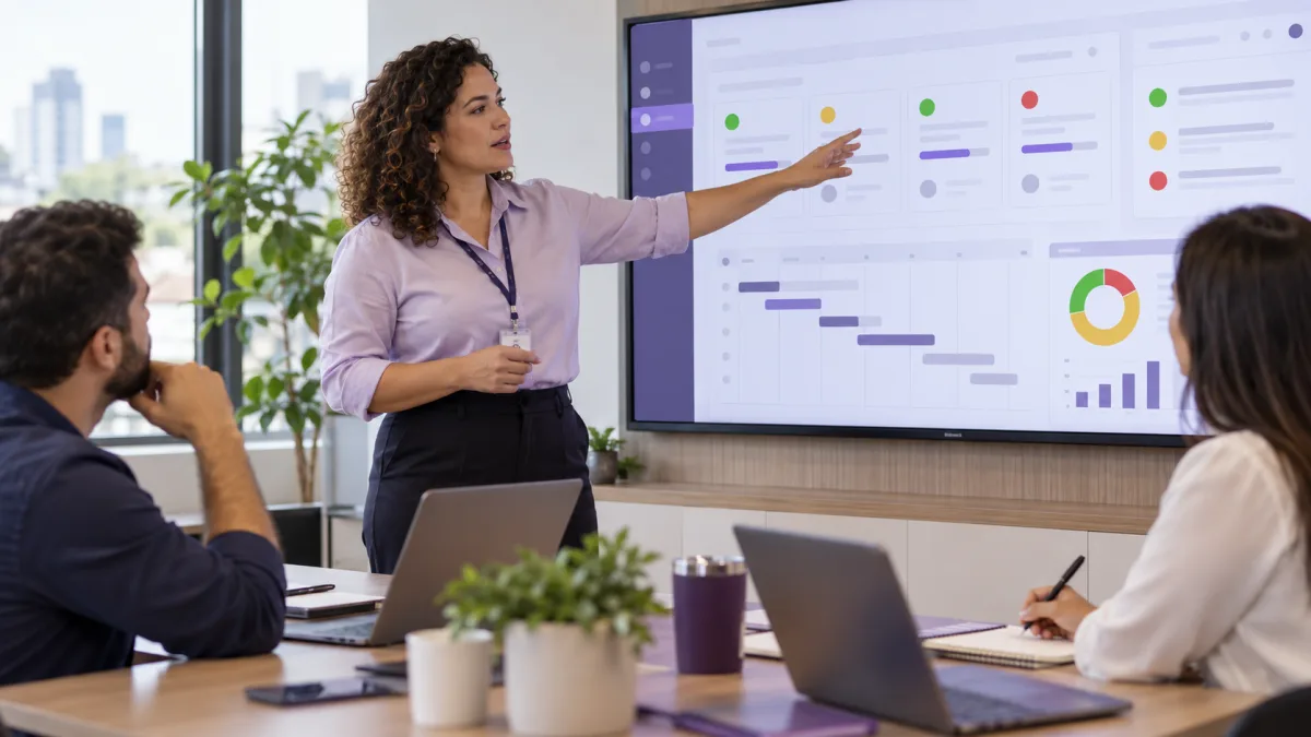 Profissional de SST acompanhando plano de ação com prazos e responsáveis em painel digital