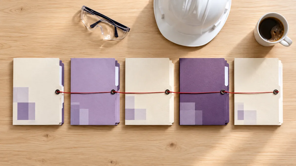 Linha do tempo ilustrada sobre mesa de trabalho com pastas de SST organizadas por etapas