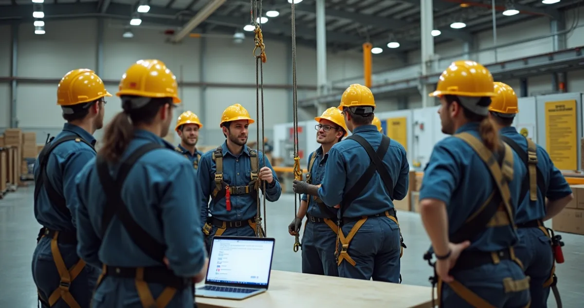Colaboradores participando de treinamento prático de trabalho em altura em galpão industrial