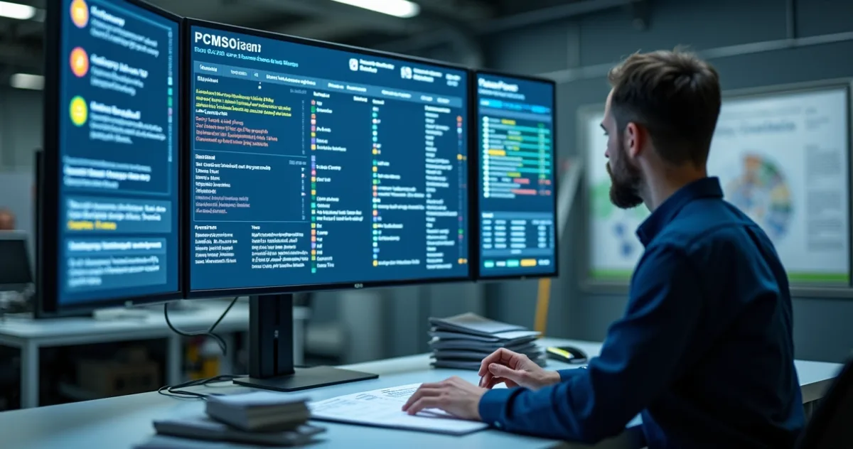 Técnico acessando painel digital de controle de PCMSO em um ambiente de trabalho