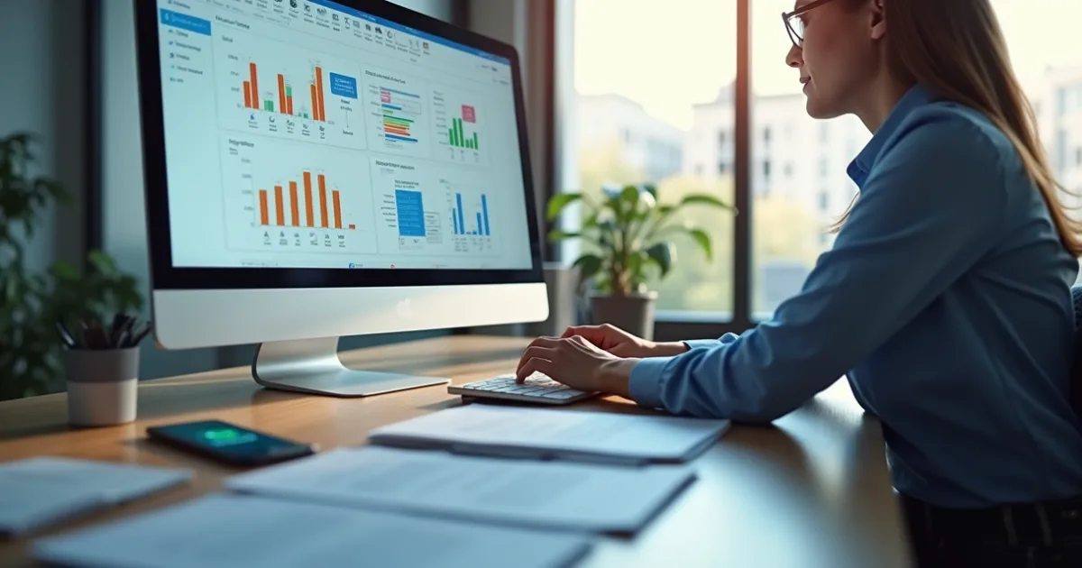 Profissional analisando indicadores de segurança do trabalho em monitor com gráficos e tablet