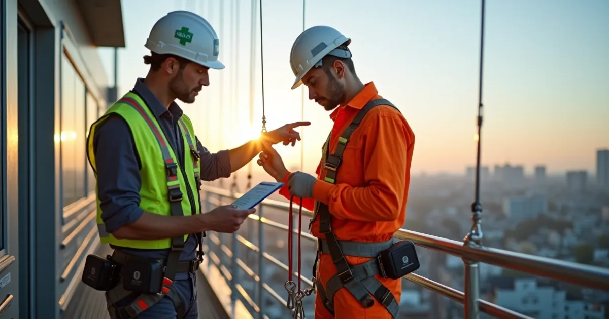 Dois trabalhadores com cinto de segurança e talabarte executando trabalho em altura ao entardecer