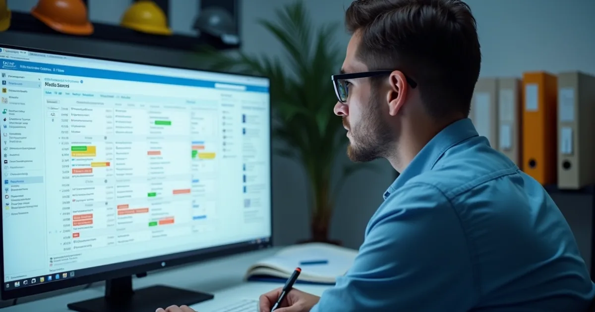 Profissional de óculos analisando planilhas e documentos de SST em monitor no escritório