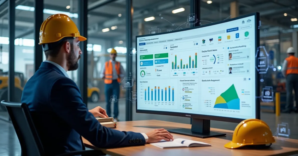 Profissional de capacete acompanhando painéis de indicadores de SST em monitor no ambiente industrial