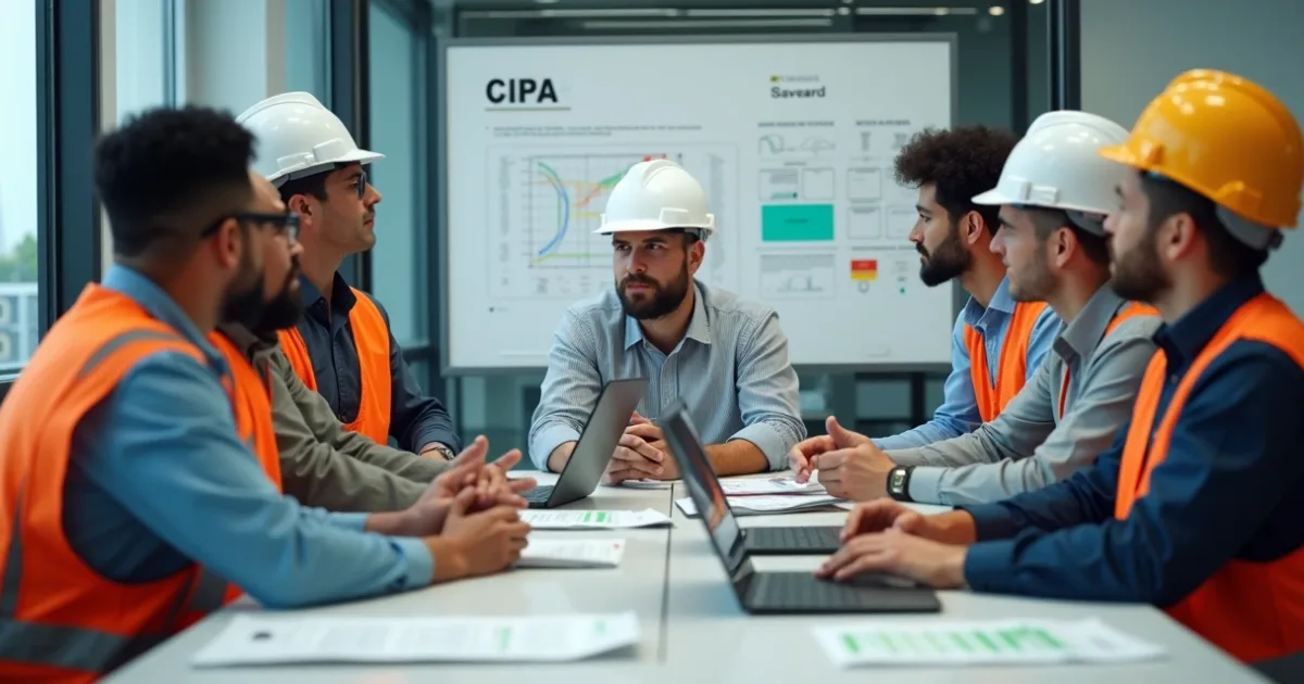 Reunião da CIPA com representantes dos trabalhadores e do empregador em torno de uma mesa