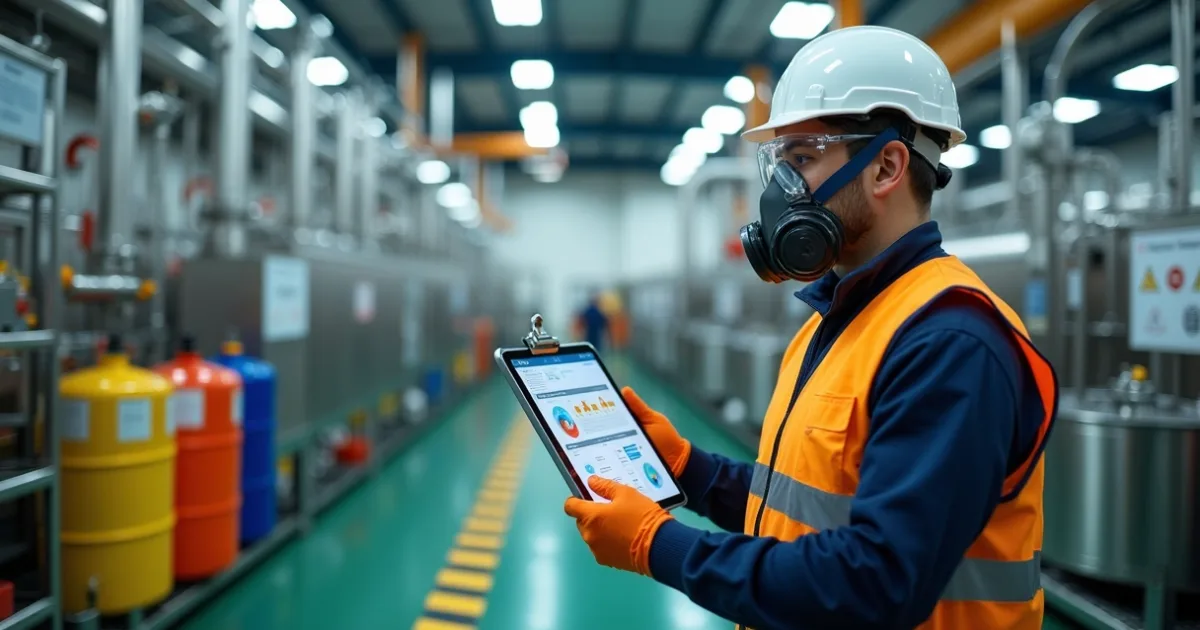 Técnico com respirador e tablet inspecionando cilindros de produtos químicos em área industrial