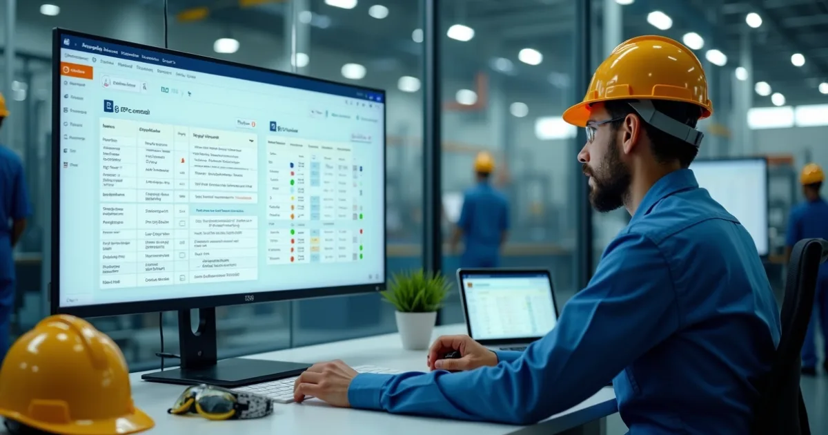 Trabalhadores com capacete de segurança consultando controle digital de EPIs em telas de computador