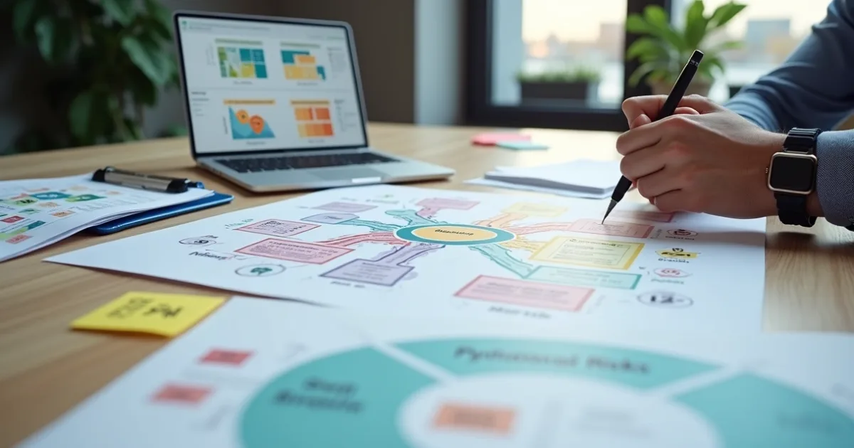 Mesa de trabalho com gráficos, post-its e anotações para mapeamento de riscos psicossociais