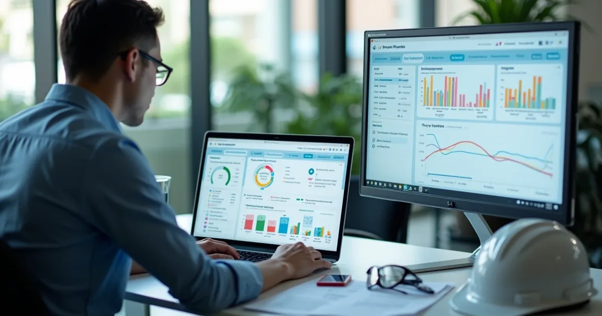 Profissional de SST analisando dashboards de gestão em laptop e monitor, com capacete branco sobre a mesa