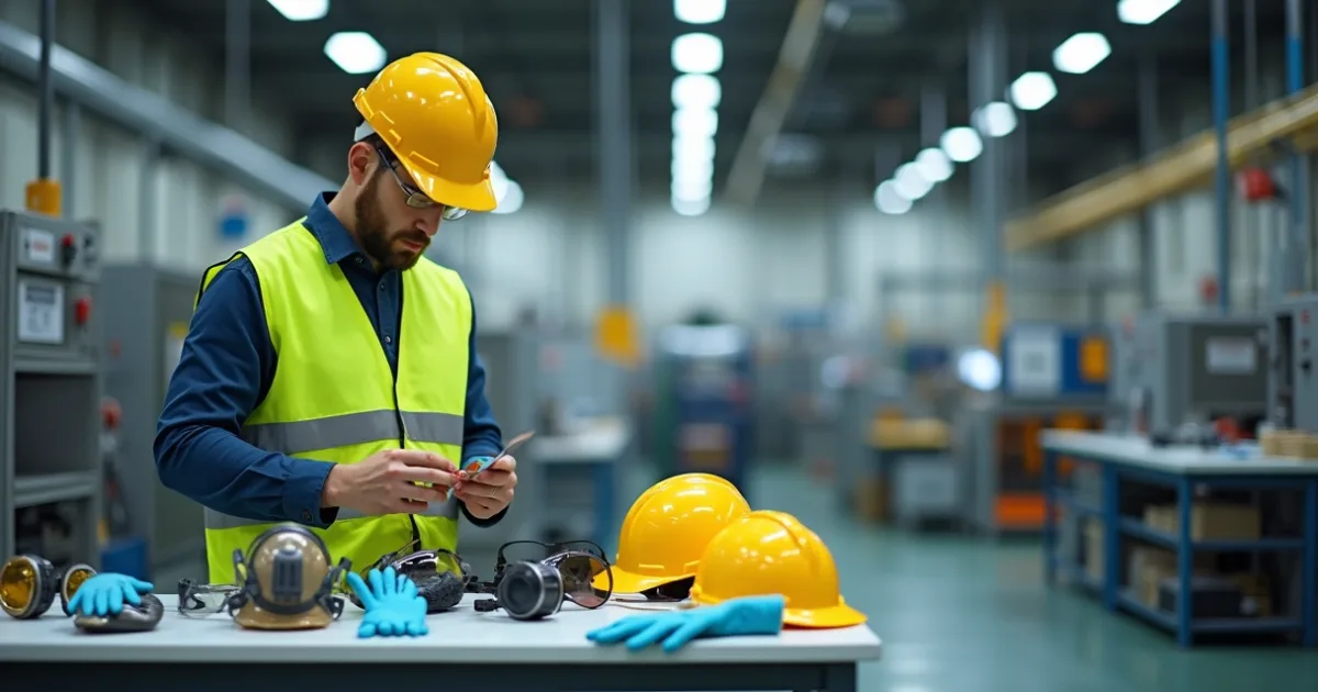 Técnico de segurança conferindo equipamentos de proteção antes da distribuição
