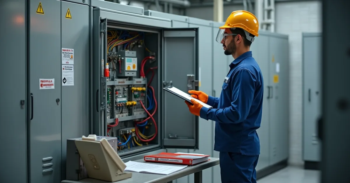 Eletricista com EPI executando intervenção em painel elétrico industrial