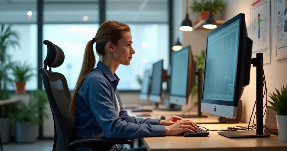Profissional trabalhando ao computador com postura ergonômica correta em escritório
