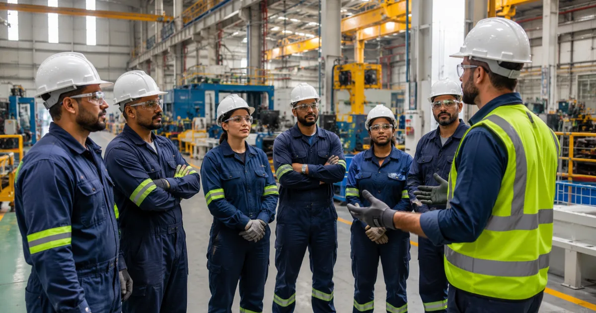 Equipe de trabalhadores uniformizados reunida em círculo para diálogo diário de segurança na fábrica