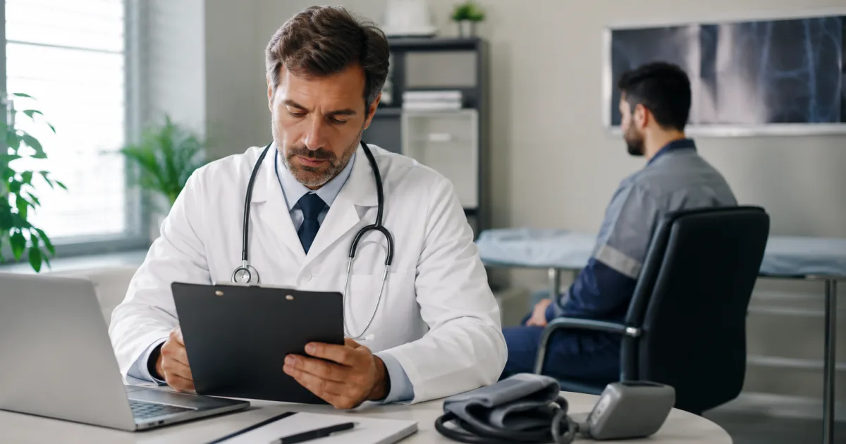 Médico do trabalho com prancheta em consultório ocupacional atendendo trabalhador