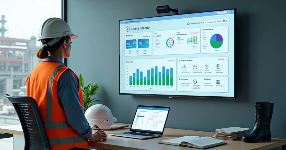 Técnica com capacete e colete de segurança apresentando dashboards de SST em telão e laptop