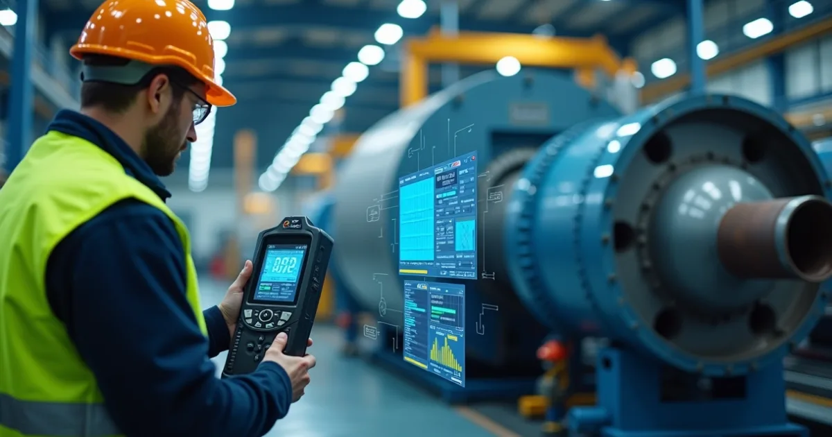 Técnico de segurança medindo agentes físicos com equipamento portátil diante de máquina industrial