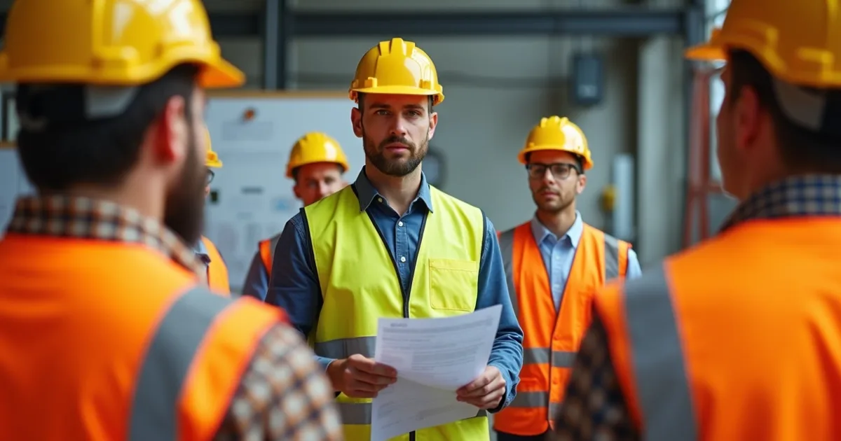 Técnico de segurança do trabalho orientando equipe durante visita a cliente