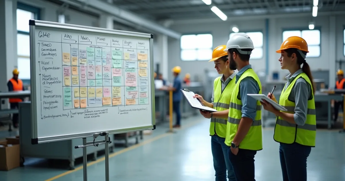 Dois técnicos de segurança com coletes analisando quadro de planejamento com post-its na fábrica