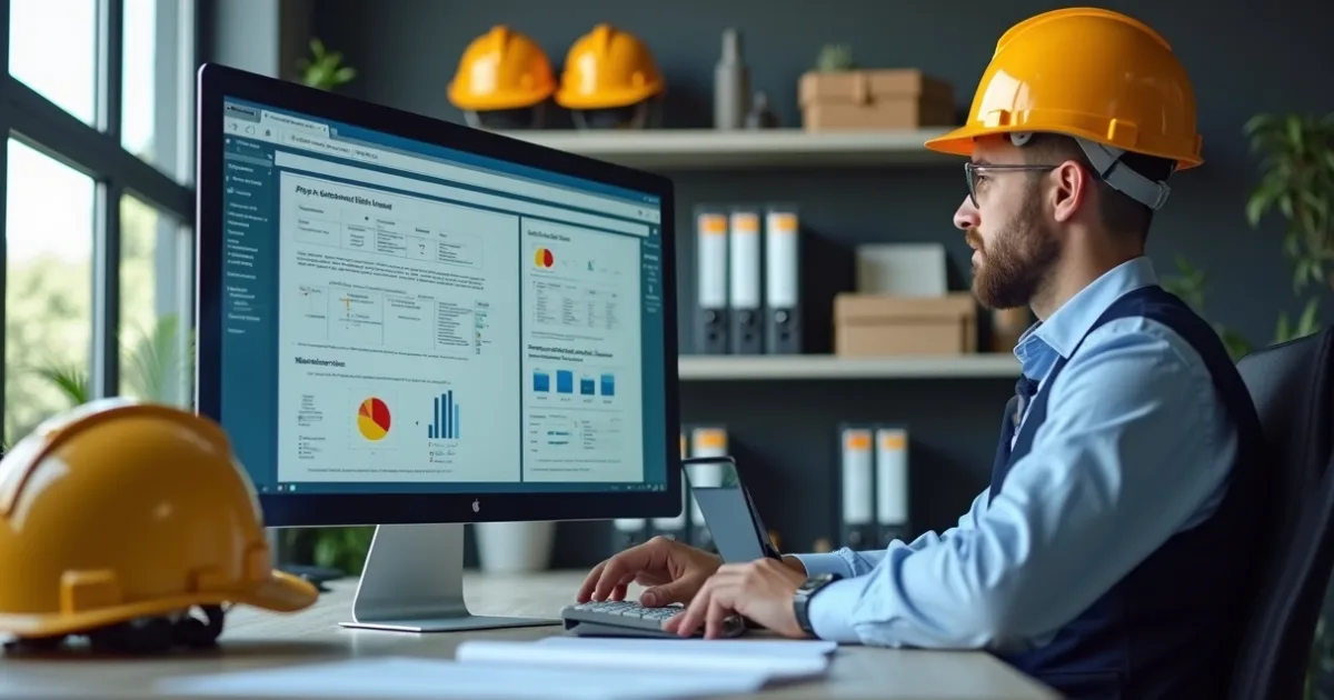 Técnico de segurança analisando indicadores do PGR em monitor, com capacete laranja sobre a mesa